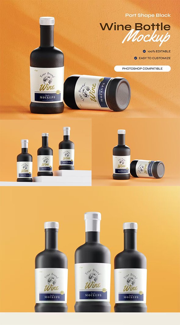 Port Shape Black Wine Bottle - Product Mockups - KQ6HL45
