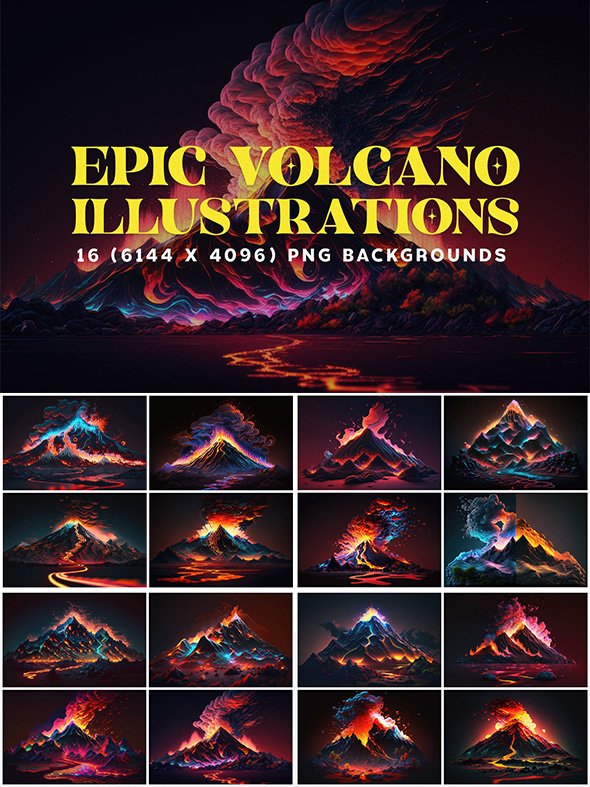 CreativeMarket - 16 Moody Volcano Illustrations in 6K ( Epic Volcano) - 12780552