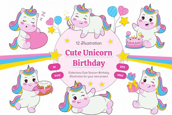 Cute Unicorn Birthday Illustration - MWLSQ6E