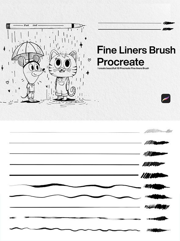 CreativeMarket - 10 Fine Liner Brushes Procreate - 12776458