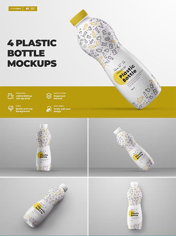 4 Mockups of a Plastic Curved Bottle